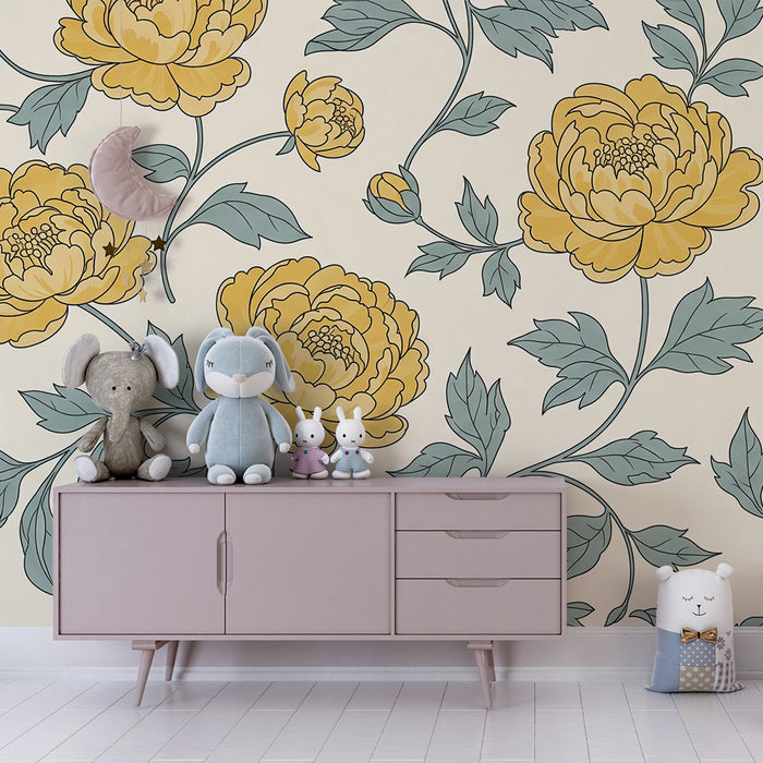 Papel de parede quarto bebê | Rumene rože in nežno listje na kremnem ozadju