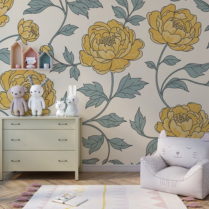 Papel de parede quarto bebê | Rumene rože in nežno listje na kremnem ozadju