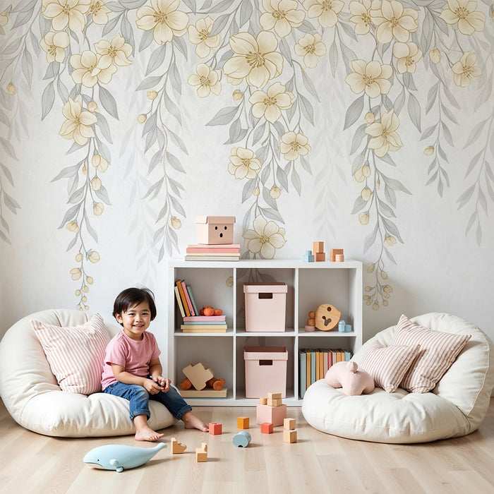 Babykamer behang | Gele bloemen en grijze bladeren in pastelkleuren