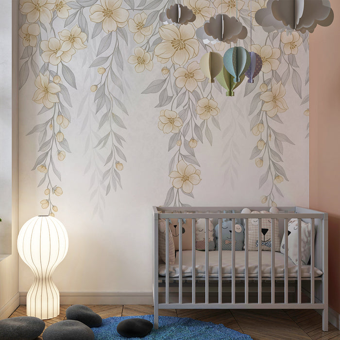Babykamer behang | Gele bloemen en grijze bladeren in pastelkleuren