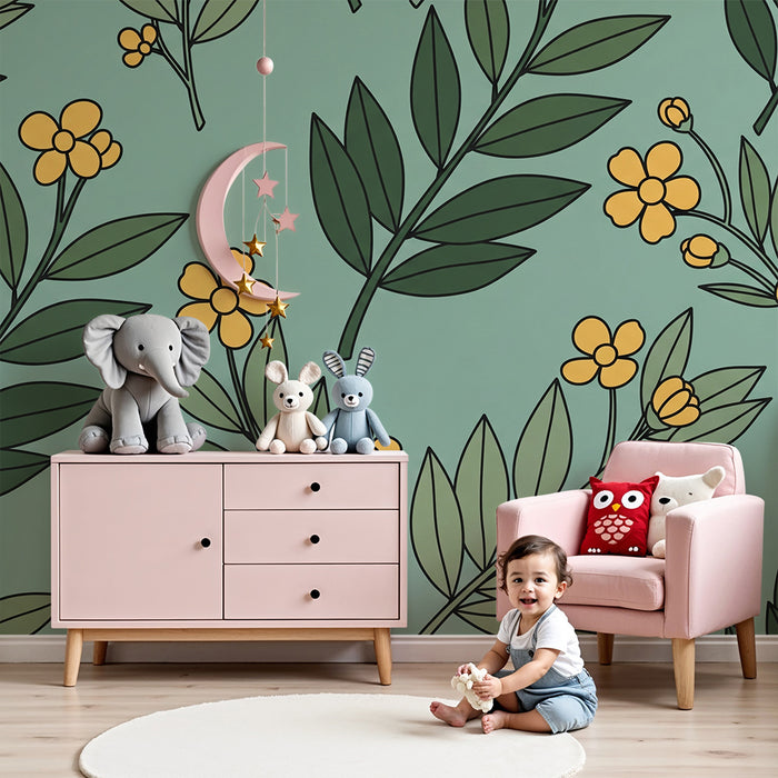 Papel de parede para quarto de bebé | Flores amarelas e folhagem sobre fundo verde sereno
