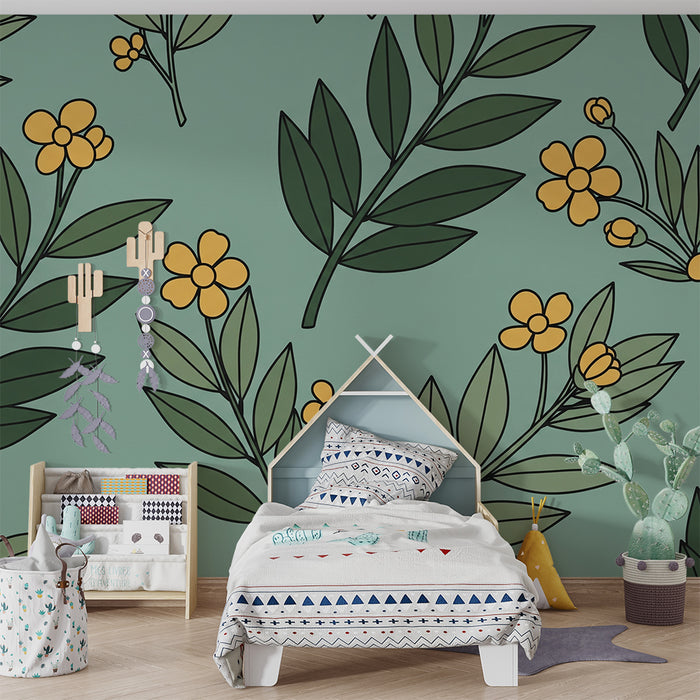 Papel de parede para quarto de bebé | Flores amarelas e folhagem sobre fundo verde sereno