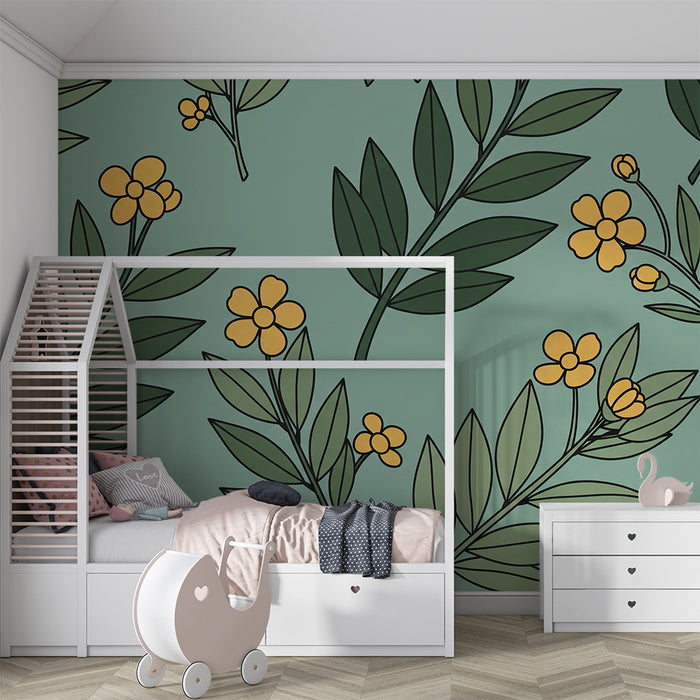 Papel de parede para quarto de bebé | Flores amarelas e folhagem sobre fundo verde sereno