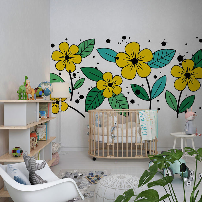 Barntapet | Gula blommor och livlig lövverk på vit bakgrund
