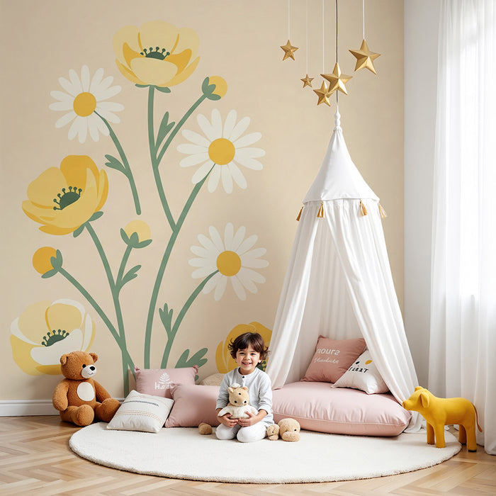 Babykamer behang | Gele bloemen en madeliefjes op een zachte achtergrond