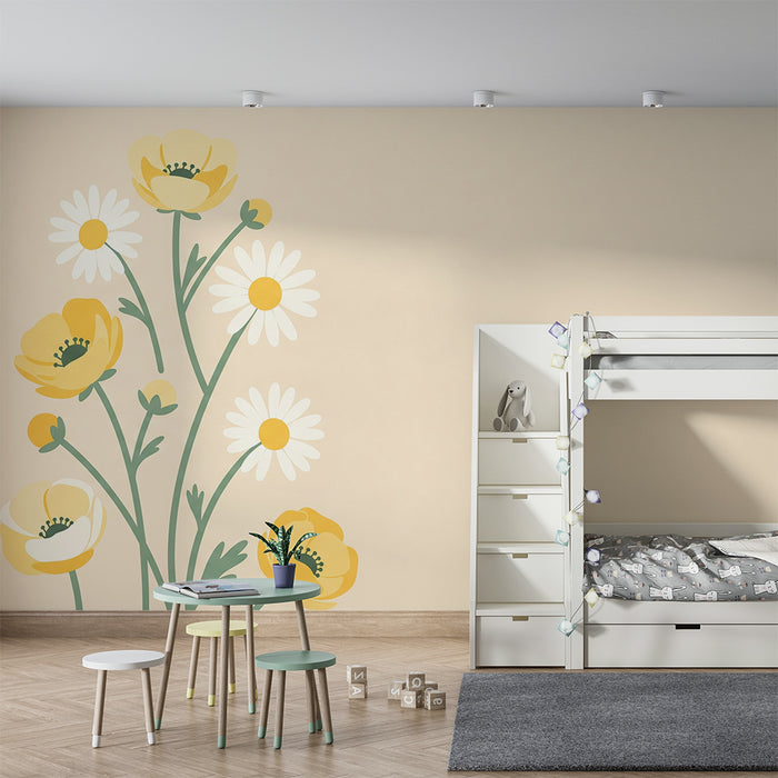 Babykamer behang | Gele bloemen en madeliefjes op een zachte achtergrond