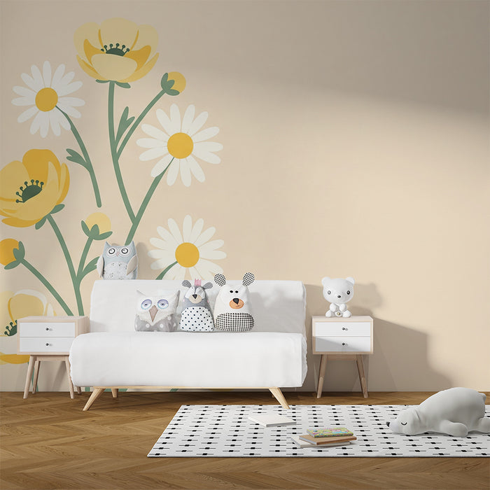 Babykamer behang | Gele bloemen en madeliefjes op een zachte achtergrond