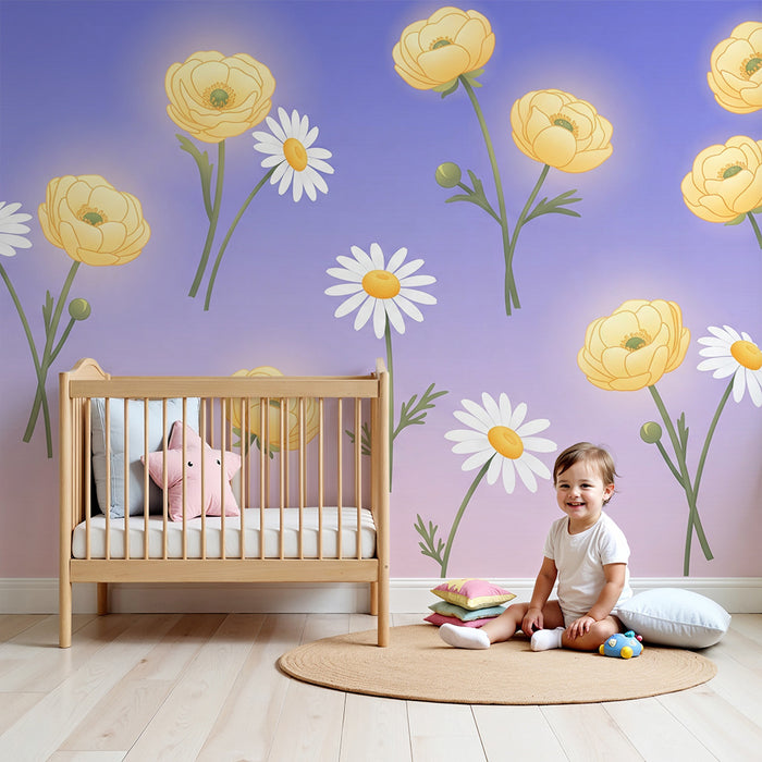 Papier peint chambre bébé | Fleurs jaunes et marguerites sur fond pastel