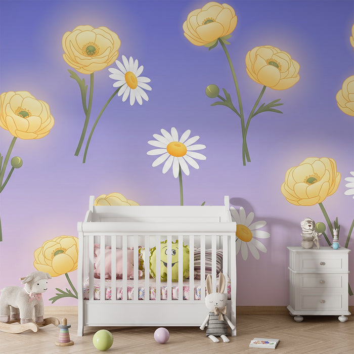 Papier peint chambre bébé | Fleurs jaunes et marguerites sur fond pastel