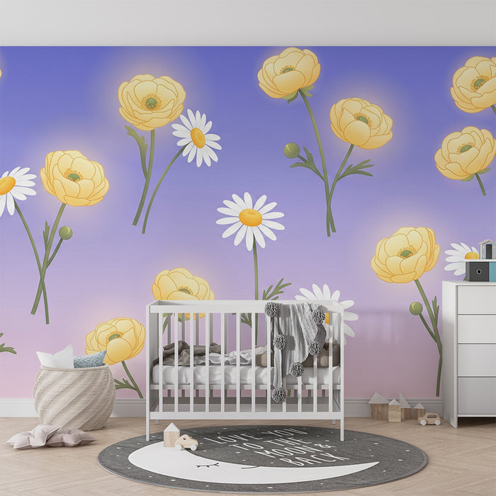 Papier peint chambre bébé | Fleurs jaunes et marguerites sur fond pastel
