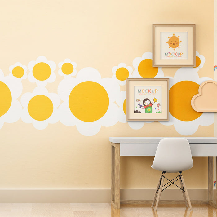 Papel de parede quarto bebê | Flores amarelas e nuvens suaves