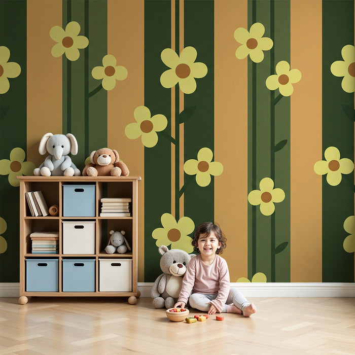 Papier peint chambre bébé | Fleurs jaunes et rayures vertes sur fond orangé