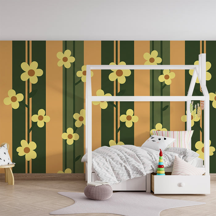 Papier peint chambre bébé | Fleurs jaunes et rayures vertes sur fond orangé