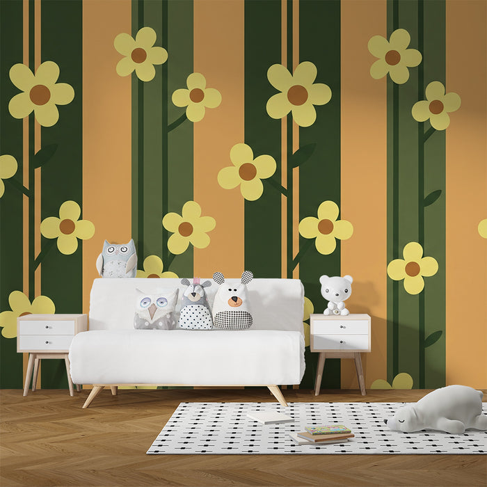 Papier peint chambre bébé | Fleurs jaunes et rayures vertes sur fond orangé