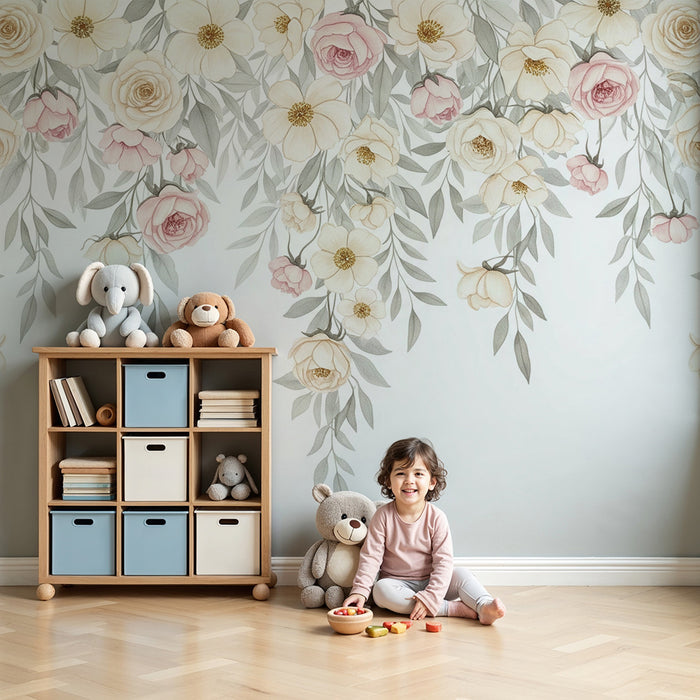 Papier peint chambre bébé | Fleurs jaunes et roses avec feuillage aquarelle