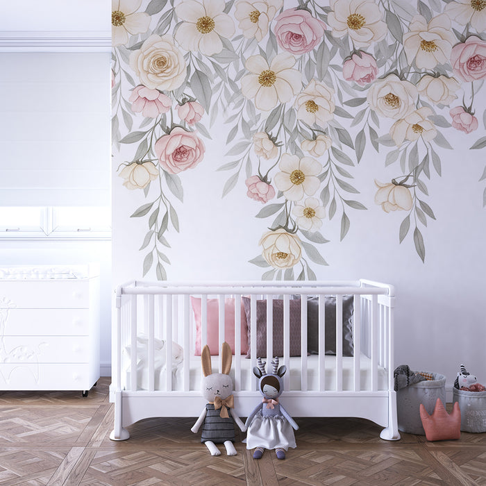 Papier peint chambre bébé | Fleurs jaunes et roses avec feuillage aquarelle