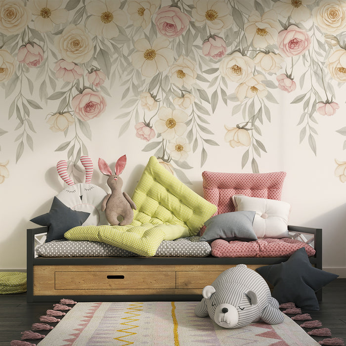 Papier peint chambre bébé | Fleurs jaunes et roses avec feuillage aquarelle