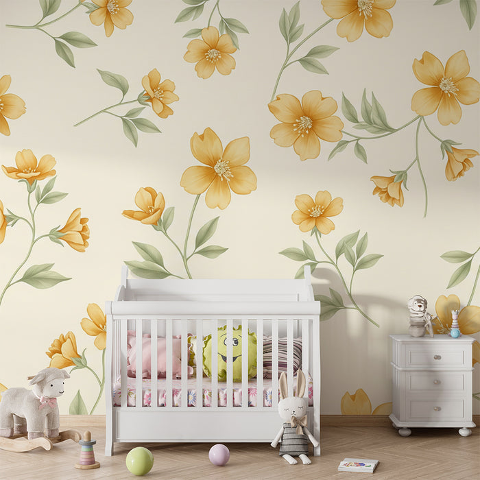 **Oversettelse:**

Babytapet | Fine gule blomster på kremfarget bakgrunn