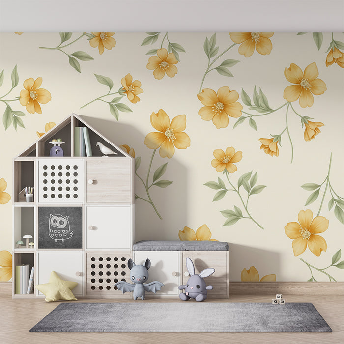 **Oversettelse:**

Babytapet | Fine gule blomster på kremfarget bakgrunn