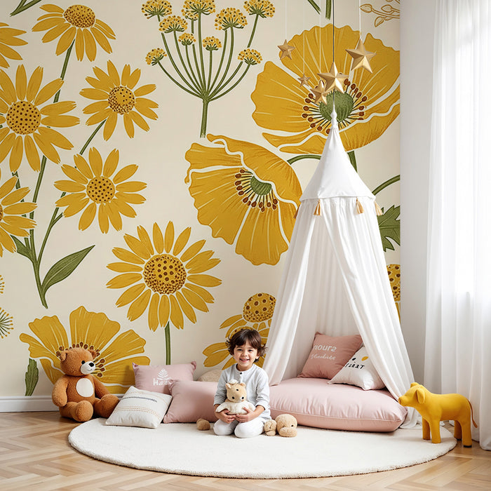 Papier peint chambre bébé | Fleurs jaunes lumineuses sur fond doux