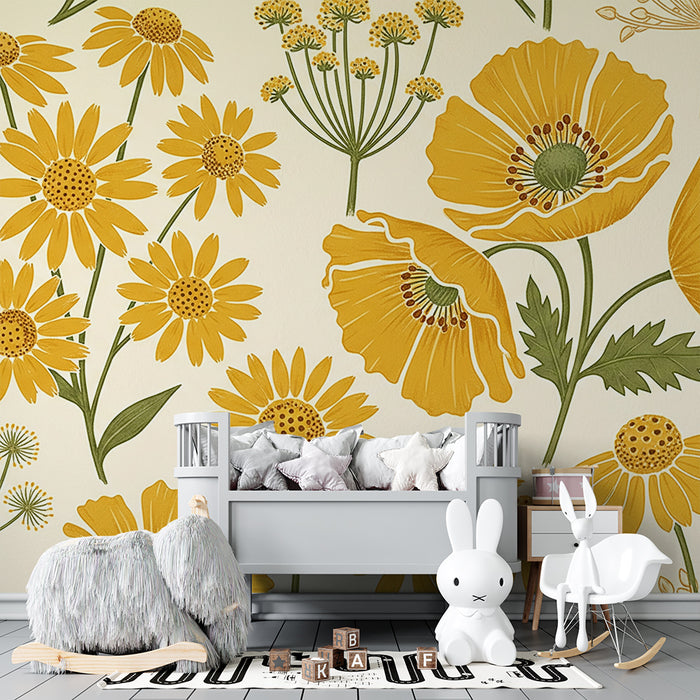 Papier peint chambre bébé | Fleurs jaunes lumineuses sur fond doux