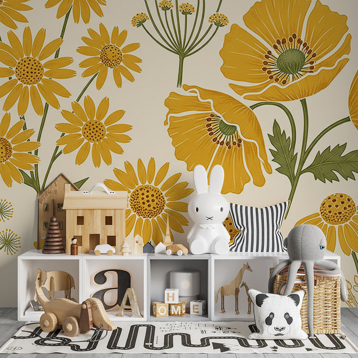 Papier peint chambre bébé | Fleurs jaunes lumineuses sur fond doux
