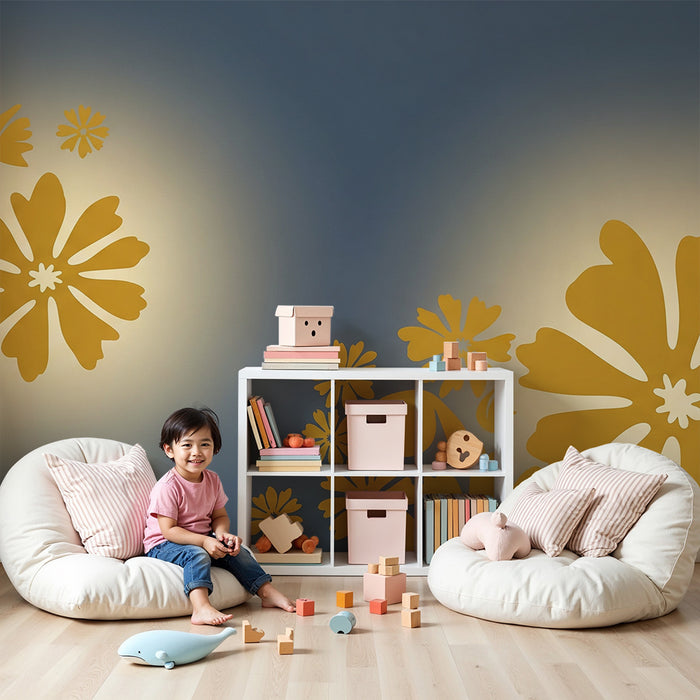 Papier peint chambre bébé | Fleurs jaunes sur fond bleu apaisant