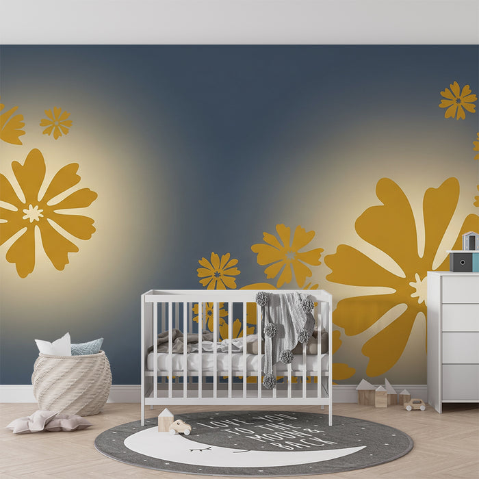 Papier peint chambre bébé | Fleurs jaunes sur fond bleu apaisant