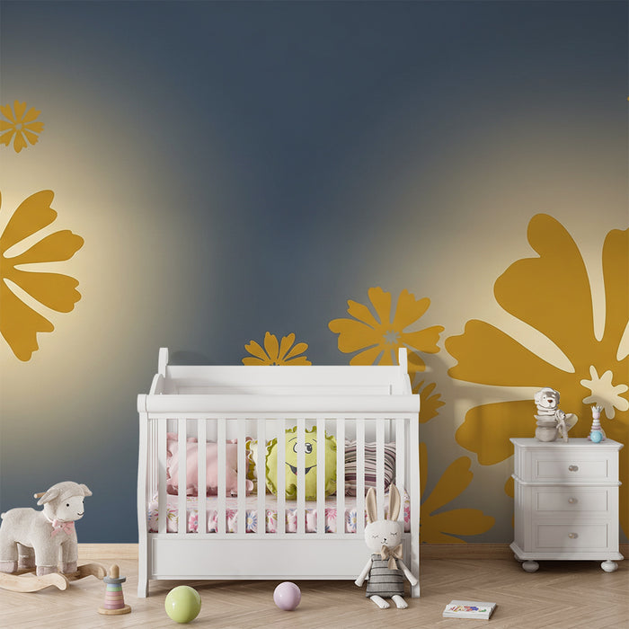 Papier peint chambre bébé | Fleurs jaunes sur fond bleu apaisant