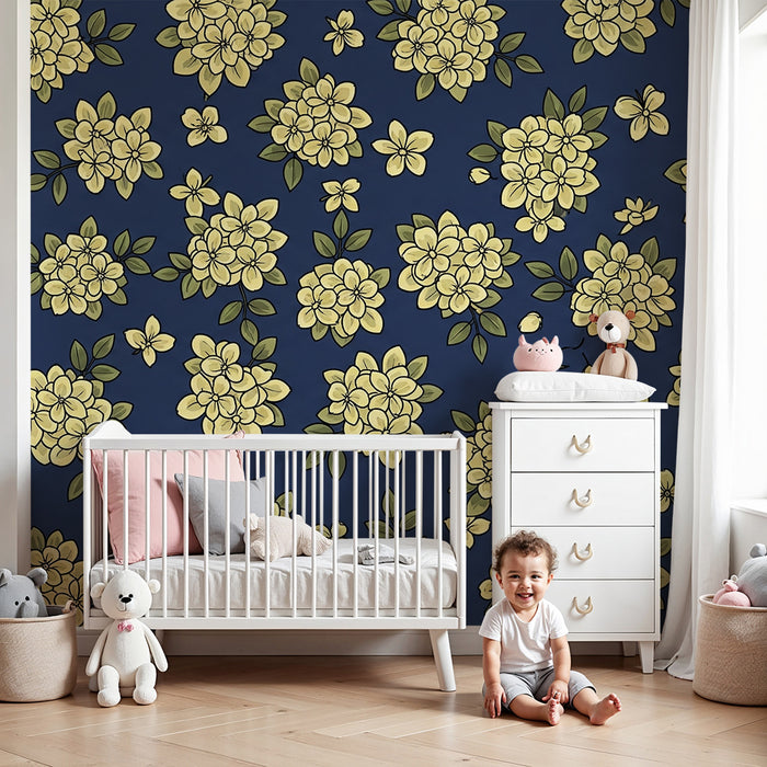 Papel de parede para quarto de bebé | Flores amarelas sobre fundo azul-marinho para um ambiente suave