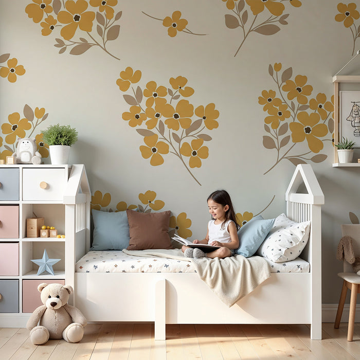Baby room wallpaper | Yellow flowers on a cream background for a soft, gentle feel