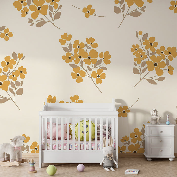 Baby room wallpaper | Yellow flowers on a cream background for a soft, gentle feel