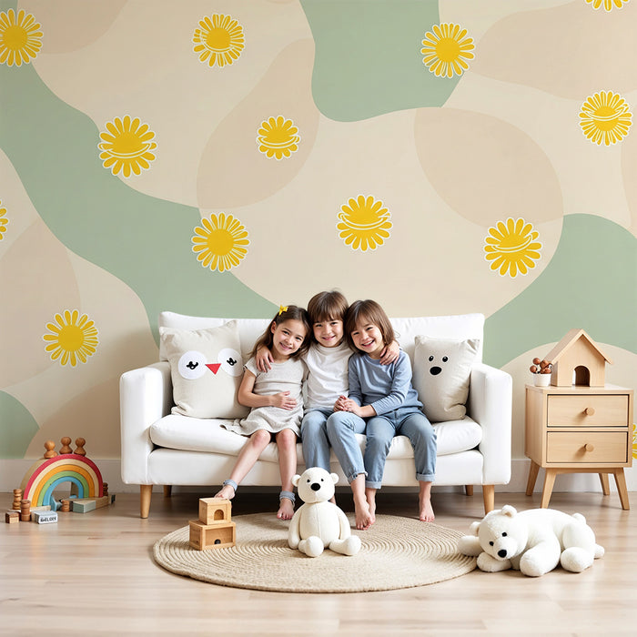 Papier peint chambre bébé | Fleurs jaunes sur fond pastel doux
