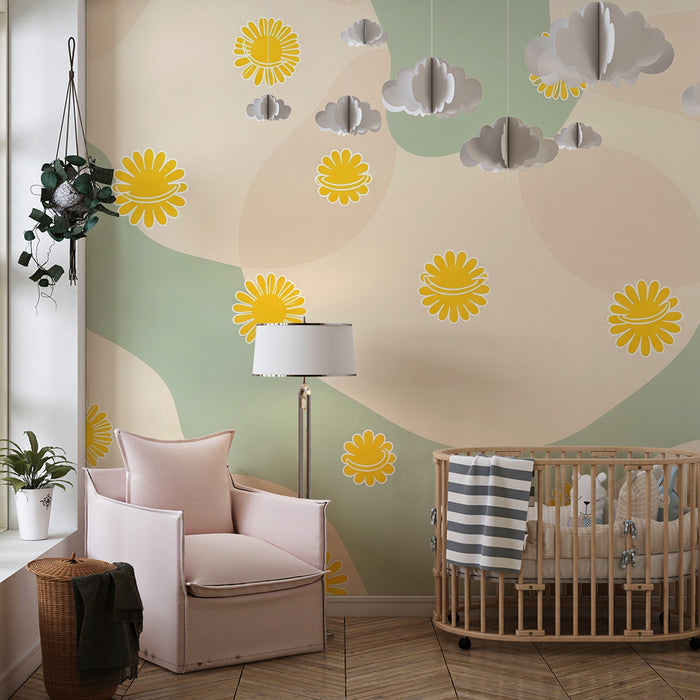 Papier peint chambre bébé | Fleurs jaunes sur fond pastel doux