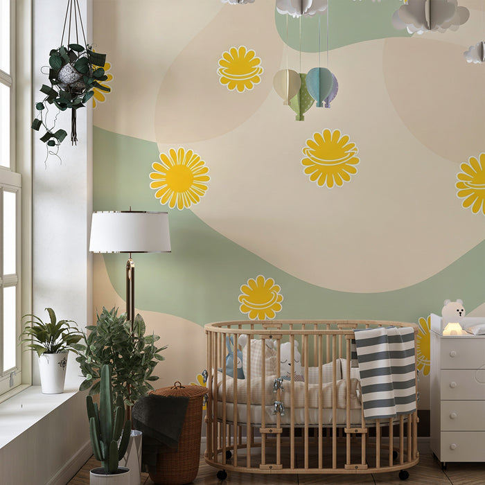Papier peint chambre bébé | Fleurs jaunes sur fond pastel doux
