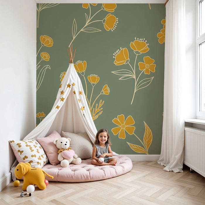 Papier peint chambre bébé | Fleurs jaunes sur fond vert apaisant