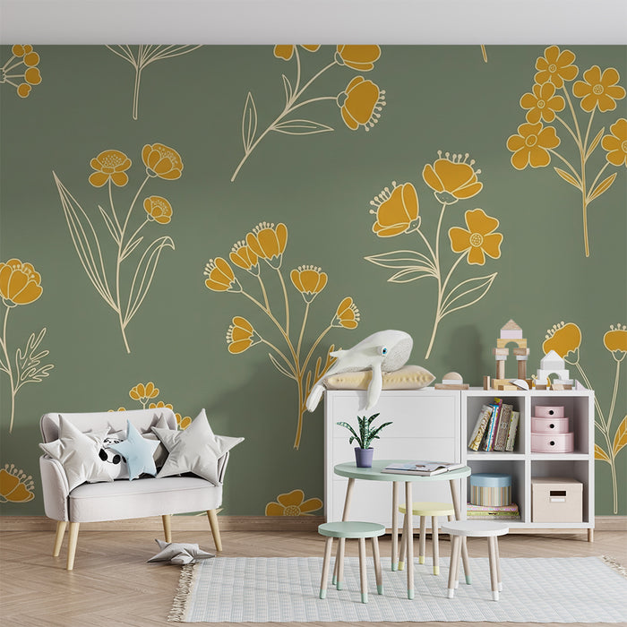 Papier peint chambre bébé | Fleurs jaunes sur fond vert apaisant