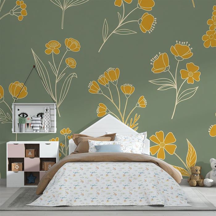 Papier peint chambre bébé | Fleurs jaunes sur fond vert apaisant