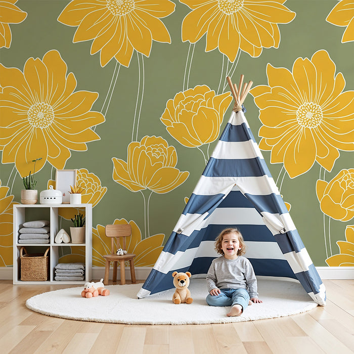 Papier peint chambre bébé | Fleurs jaunes sur fond vert doux