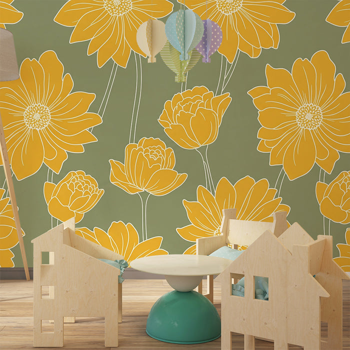 Papier peint chambre bébé | Fleurs jaunes sur fond vert doux