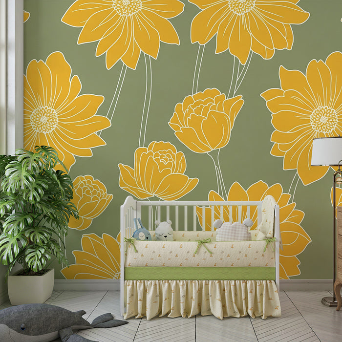 Papier peint chambre bébé | Fleurs jaunes sur fond vert doux