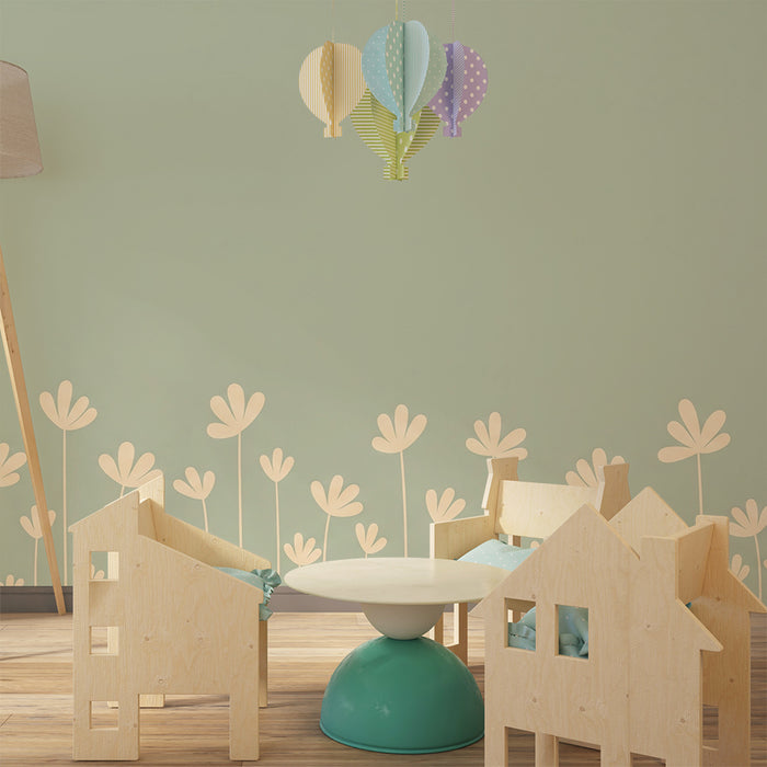 Papier peint chambre bébé | Fleurs jaunes sur fond vert