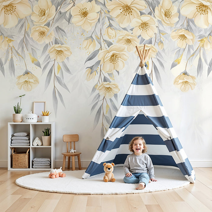 Babykamer behang | Hangende gele bloemen en pastelkleurig bladgroen