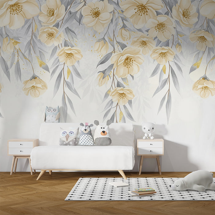Babykamer behang | Hangende gele bloemen en pastelkleurig bladgroen