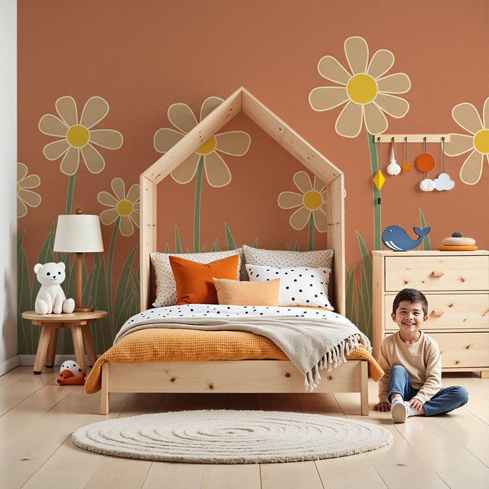 Papier peint chambre bébé | Fleurs joyeuses et herbe douce