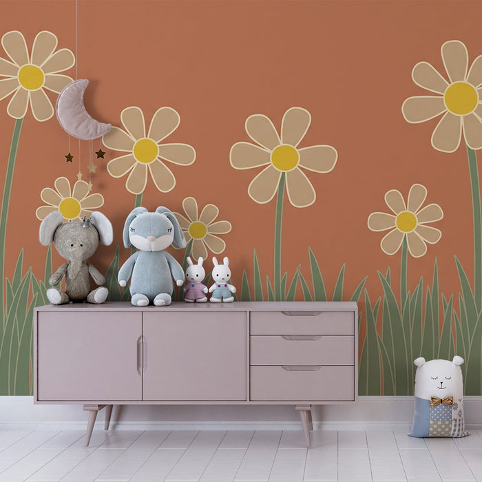 Papier peint chambre bébé | Fleurs joyeuses et herbe douce
