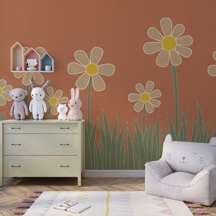 Papier peint chambre bébé | Fleurs joyeuses et herbe douce