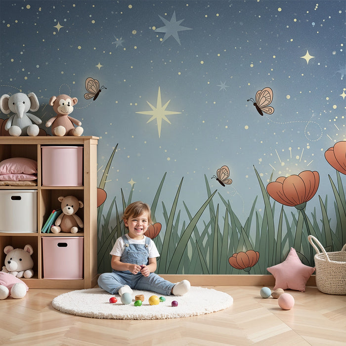 Tapeta za dječju sobu | Sjajni cvjetovi ispod zvjezdano neba