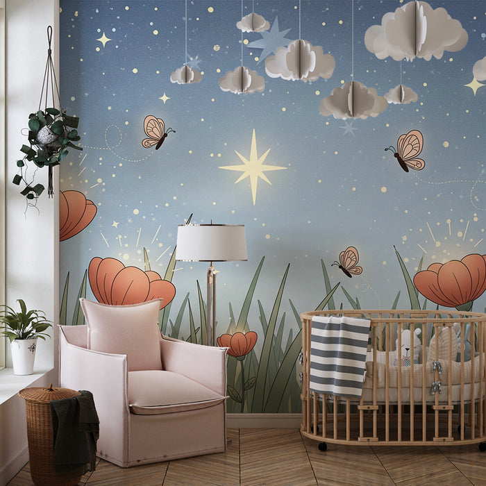 Tapeta za dječju sobu | Sjajni cvjetovi ispod zvjezdano neba
