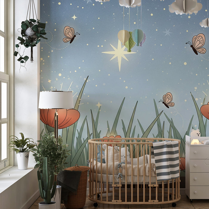 Tapeta za dječju sobu | Sjajni cvjetovi ispod zvjezdano neba